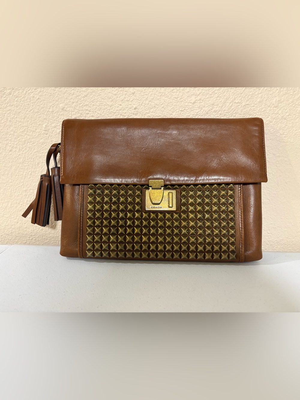 Coach Legacy Studded Archival Leather Clutch 26408 Saddle Brown